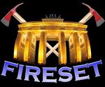 Brandenburger Tor mit Feuerwehräxten und Text "Fireset" davor auf schwarzem Hintergrund.