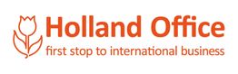 Logo mit Tulpen-Icon, Text: "Holland Office, first stop to international business" in Orange.