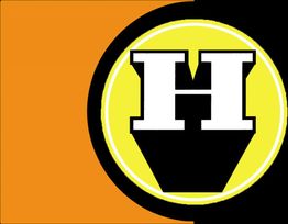 Logotipo con una letra "H" en blanco sobre un fondo amarillo y negro, a la izquierda color naranja.