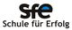Logo mit „sfe“ in Schwarz und Blau. Darunter steht „Schule für Erfolg“.