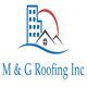 Logo of M & G Roofing Inc. featuring a building and roof design with a red arc above.