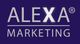 Logo mit dem Text "ALEXA MARKETING" auf dunkelblauem Hintergrund, das X leuchtet.