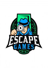 Detektiv mit Lupe und Hut in blauem Anzug, Text: "Escape Games" in modernem Logo-Design.