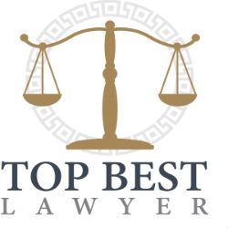 Golden scales of justice above "Top Best Lawyer" text with a circular pattern background.