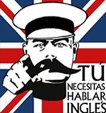 Hombre señalando sobre fondo de la bandera británica, texto: "Tú necesitas hablar inglés".