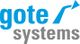 Textlogo "gote systems" mit blauem Pfeildesign auf weißem Hintergrund.