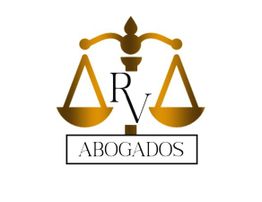 Logotipo dorado de balanza con letras "RV" y la palabra "ABOGADOS" abajo.