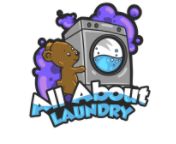 Cute bear with a washing machine, titled "All About Laundry" with purple bubbles.