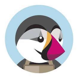 Illustration of a puffin with colorful beak, against a blue circle background.