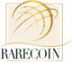 Logo mit goldenem Globus-Design und dem Text "RARECOIN" darunter.