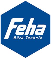 Blaues sechseckiges Logo mit weißem Text "Feha Büro-Technik".