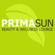 Grünes Logo mit Text: "PRIMASUN BEAUTY & WELLNESS LOUNGE" und Blattmotiv im Hintergrund.