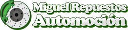Logotipo con texto: "Miguel Repuestos Automoción", fondo verde y disco de freno estilizado.