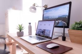 Ein Schreibtisch mit Laptop, Monitor, Maus, Pflanzen und Lampe in einem hellen Raum.