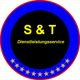Abzeichen mit der Aufschrift "S & T Dienstleistungsservice" auf blauem Hintergrund mit gelben Sternen.