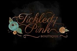 Tickled Pink Boutique logo with floral design on dark background.