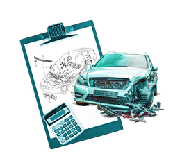 Auto mit Frontschaden, Zeichnung und Taschenrechner auf Klemmbrett links.
