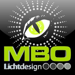 Logo mit stilisiertem Auge, Schriftzug "MBO Lichtdesign" und abstrakten Kreisen.