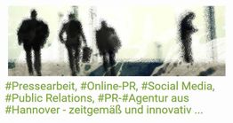 Verschwommene Silhouetten von vier Personen mit PR-bezogenen Hashtags darunter.