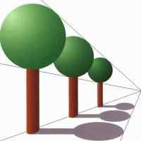 Vier stilisierte Bäume in Ein-Punkt-Perspektive, Schatten fallen zur Seite.