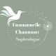 Oiseau et pissenlit sur fond vert avec texte "Emmanuelle Chaumont, Sophrologue".