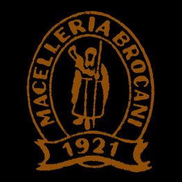 Logo della Macelleria Brocani con figura stilizzata e anno 1921 su sfondo nero.