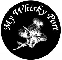 Schwarz-weißes Logo mit der Aufschrift "My Whisky Port" und einem Distelmotiv in der Mitte.