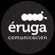 Logo circular negro con texto: "Éruga comunicación" y una figura abstracta de oruga blanca arriba.