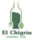 Logo de "El Chigrín", sidrería-bar con botella, tenedor y cuchara en color verde.