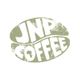 Grunge-style "JNP Coffee" logo shaped like a coffee bean in faded green and white.