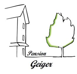 Skizze eines Gebäudes und Baums mit dem Text "Pension Geiger".