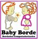 Desenho de crianças em bordados, menino oferece flor à menina. Texto: "Baby Borde Bordados Computadorizados".