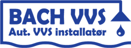 Blåt logo for BACH VVS med teksten "Aut. VVS installatør" og ikon af dråbe og lampe.