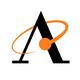 The letter "A" with an orange orbit-like ring and dot.