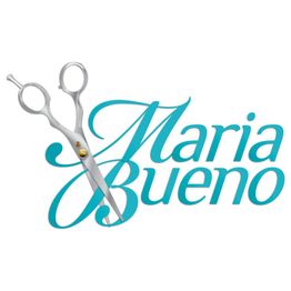 Tesoura estilizada sobre o texto "Maria Bueno" em azul.