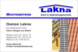 Visitenkarte von Lakna, Dach und Abdichtungstechnik, mit Kontaktinformationen und Dachbildern.