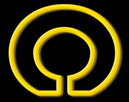 Gelbes Omega-Symbol auf schwarzem Hintergrund, bestehend aus zwei Kreisen.
