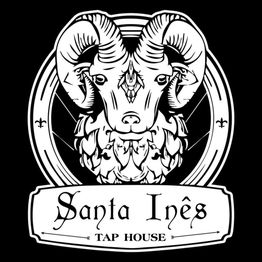 Logotipo de cabra com chifres e texto "Santa Inês Tap House" em preto e branco.