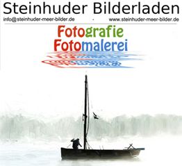 Segelboot auf See mit Text "Steinhuder Bilderladen, Fotografie, Fotomalerei" oben.