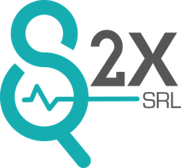 Logo con una lente d'ingrandimento azzurra, "S2X SRL" scritto a destra.