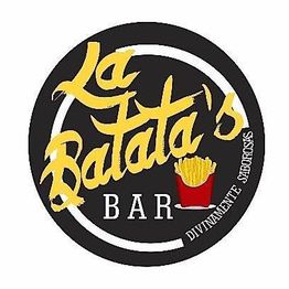 Logotipo circular preto com "La Batata's Bar" em amarelo e branco, e batatas fritas.