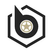 Schwarzes Sechseck mit stilisiertem Buchstaben "b" und beige Sternrad in der Mitte.