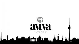 Schwarze Stadtsilhouette mit dem Logo von Aviva Events in der Mitte, darüber Besteck-Symbol.
