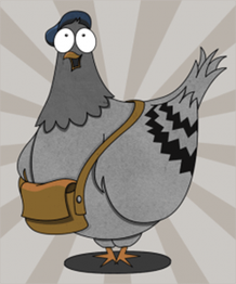 Comic-Taube mit Mütze und Tasche, aufrecht stehend vor grauem Hintergrund.