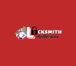 Logo with a locksmith holding a key, and the text "Locksmith Anderson" on a red background.