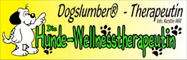 Illustration eines Hundes mit Text: "DogsSlumber® – Die Hunde-Wellnesstherapeutin".