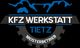 Logo der KFZ Werkstatt Tietz, Meisterbetrieb, mit Zahnrad und Bergsilhouette in Blau und Grau.