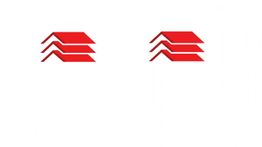 Zwei rote, gestapelte, dachähnliche Symbole auf weißem Hintergrund.