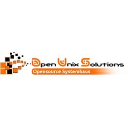 Logo für "Open Unix Solutions", opensource Systemhaus mit abstrakten Pixeln links.