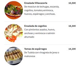 Menú de ensaladas: Villacazorla, cogollos y yemas de espárragos, con precios en euros.